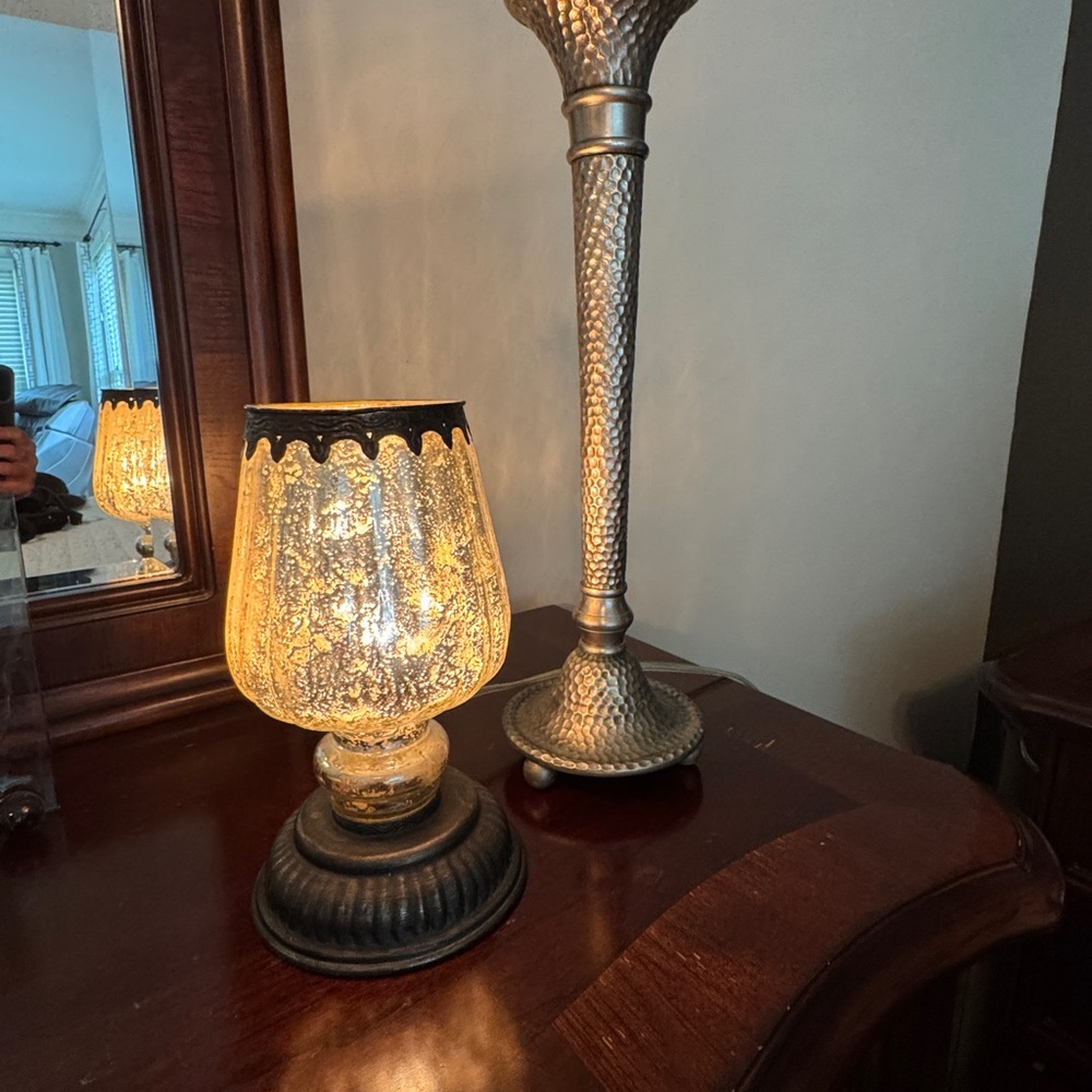 Mercury glass lamp and pewter candle stick